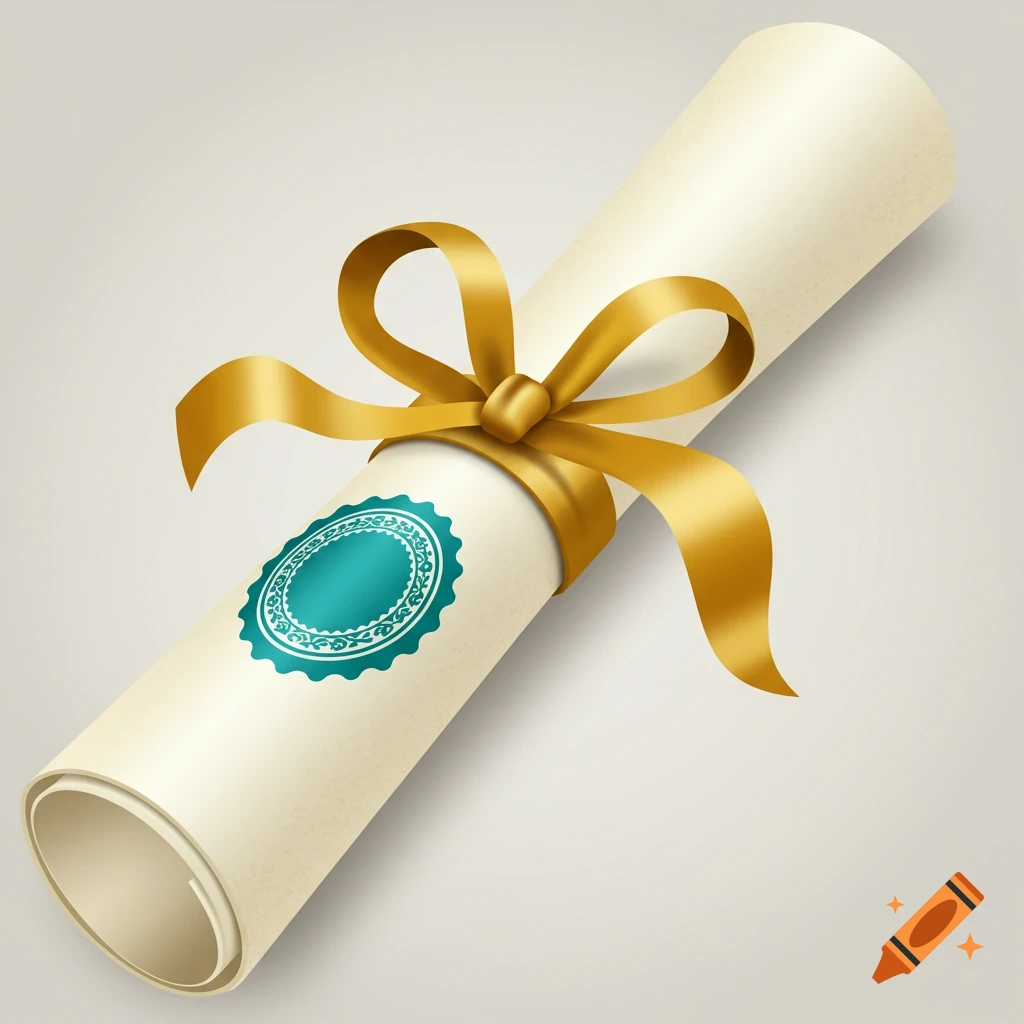 A rolled up certificate or diploma tied with a gold ribbon and sealed with a teal stamp.