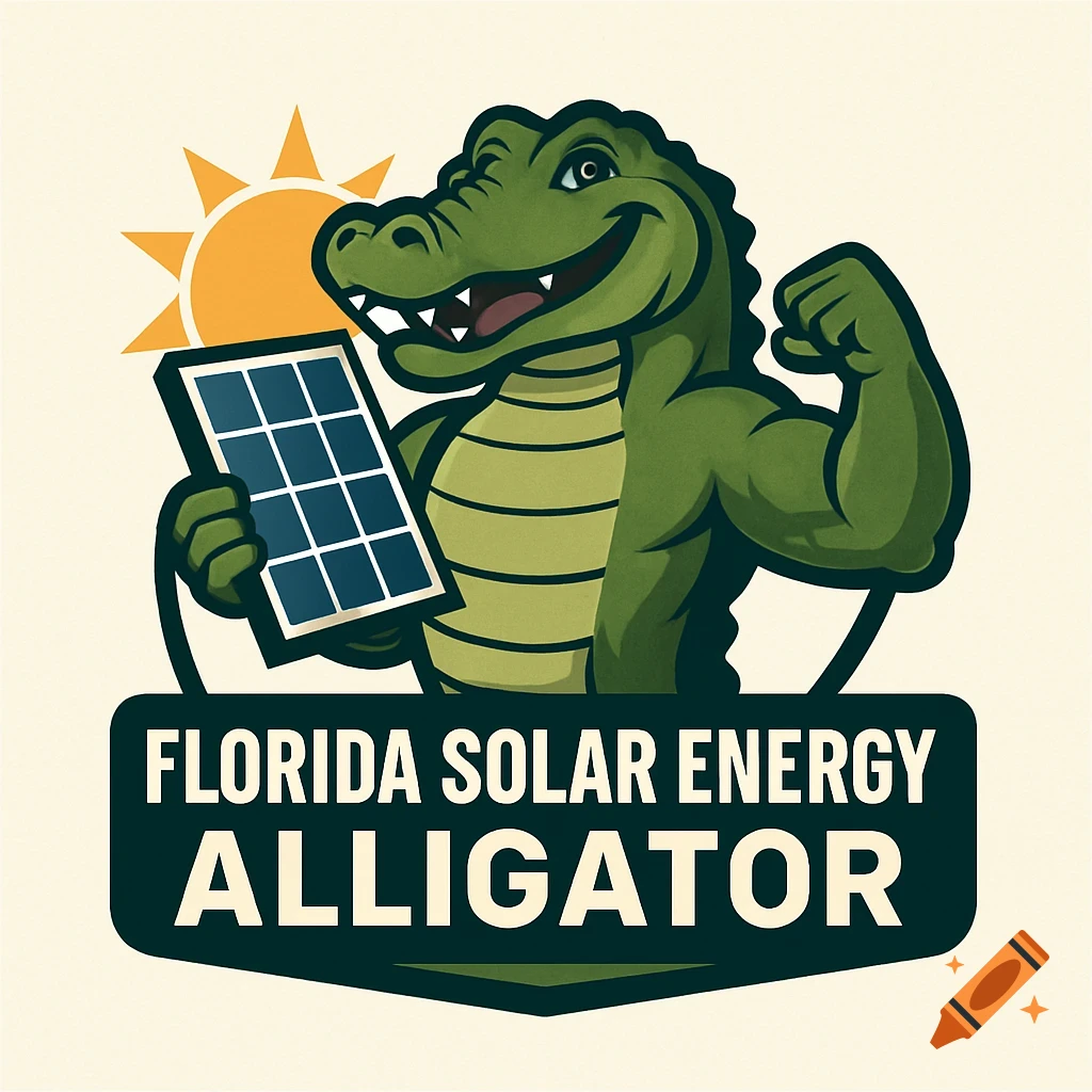 Cartoon alligator mascot holding a solar panel with Florida Solar Energy Alligator text