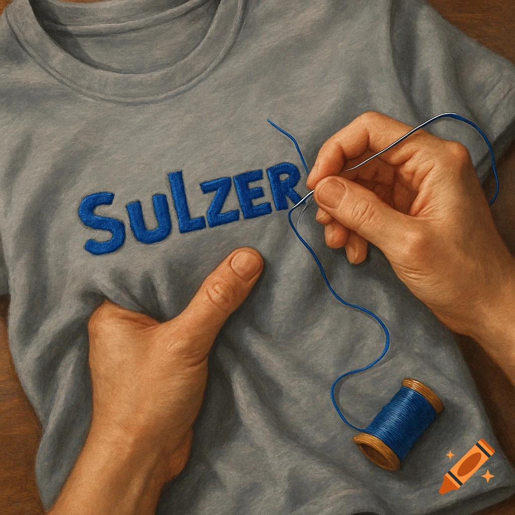 Hands sewing the word "Sulzer" with blue thread onto a gray t-shirt, with a spool of thread nearby.