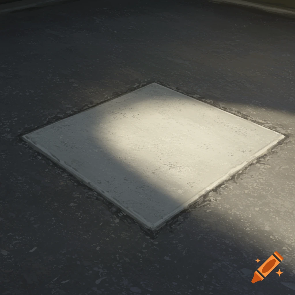 A square concrete slab is set into a dark surface with sunlight and shadow.