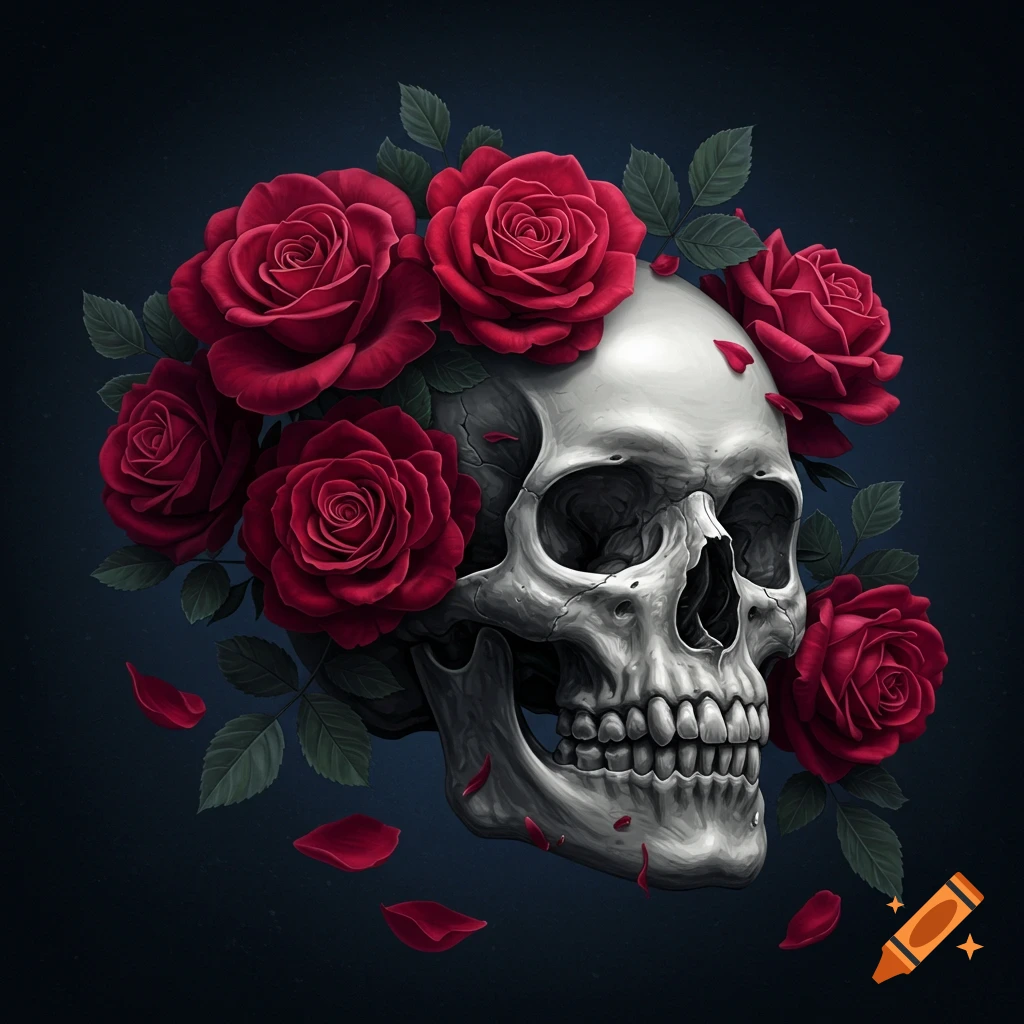 A detailed skull surrounded by red roses and leaves on a dark background.