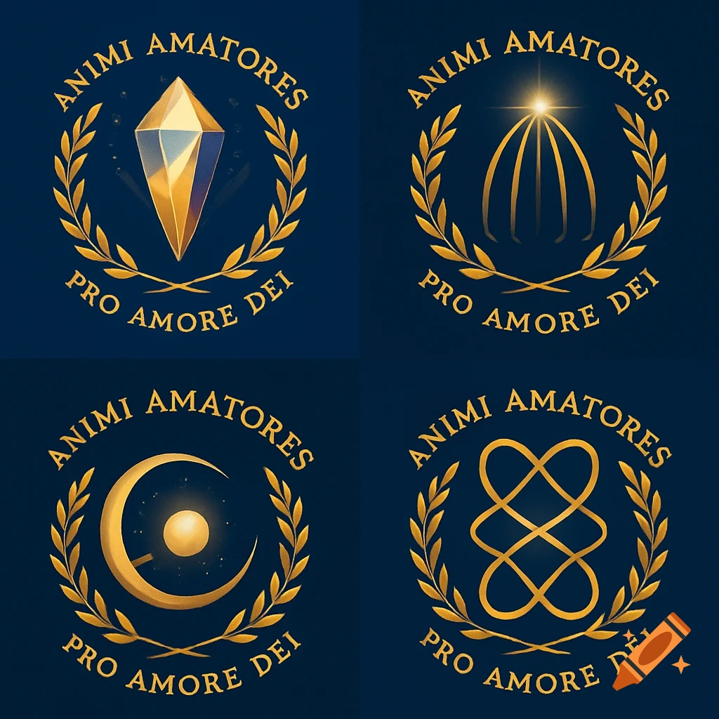 Four golden spiritual emblems with text and symbols on a blue background, encircled by laurel wreaths.