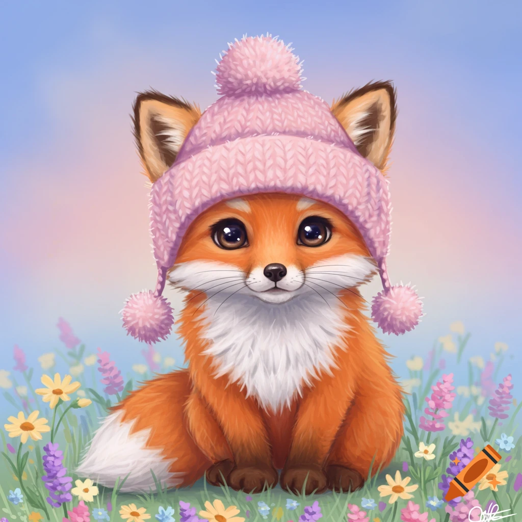 A cute illustrated fox wearing a pink knitted hat sits among colorful flowers.