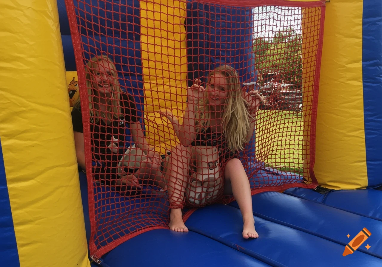 Two women in a bounce house seen through red netting