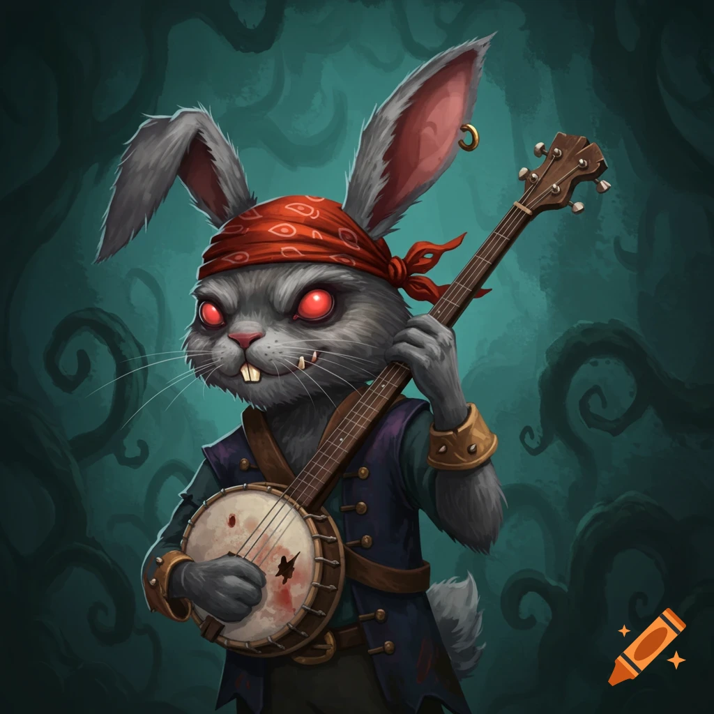 A creepy pirate rabbit character wearing a bandana and playing a banjo
