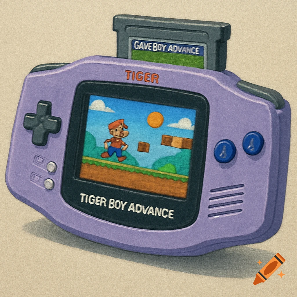 Stylized illustration of a purple handheld game console with a screen showing a game character and a cartridge inserted.