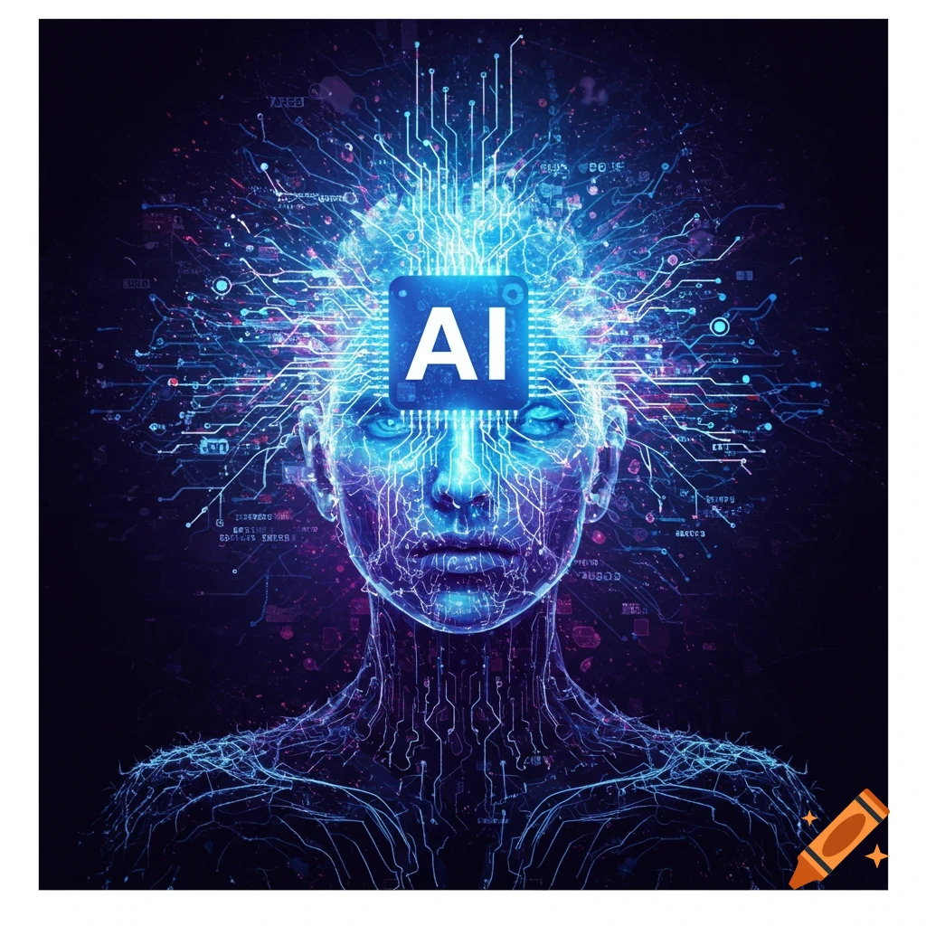 Futuristic human head with blue circuitry and an AI logo on the forehead