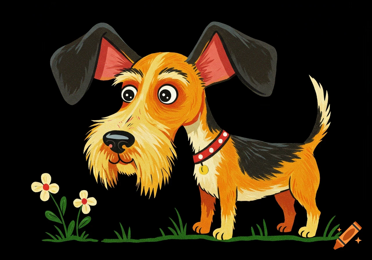 A cartoon dog with large ears and shaggy beard stands on grass with flowers in a folk art style.