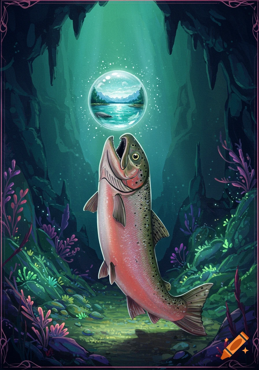 A standing salmon in an underwater cave looks up at a bubble containing a landscape. Illustration style.