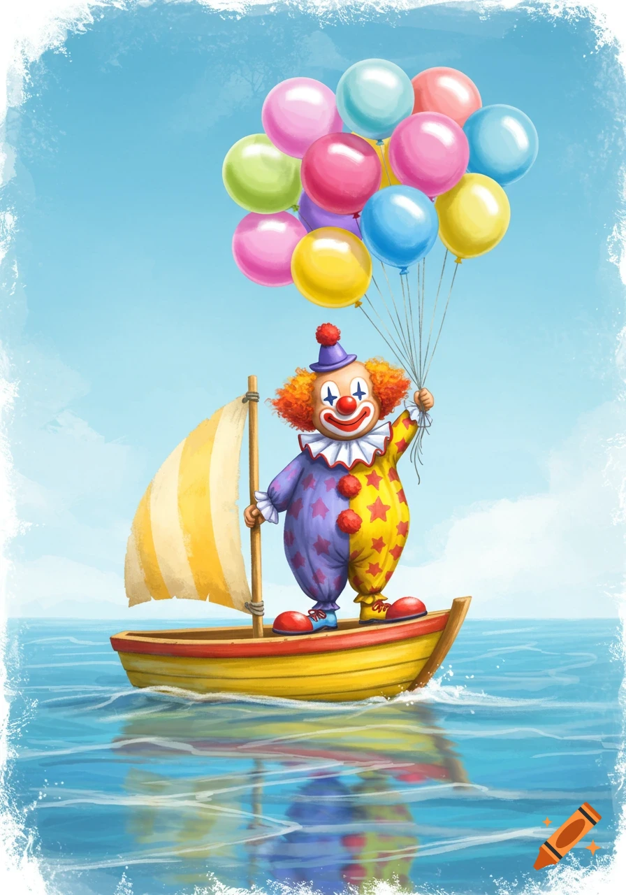 Illustration of a clown on a small sailboat holding a large bunch of colorful balloons on the sea.