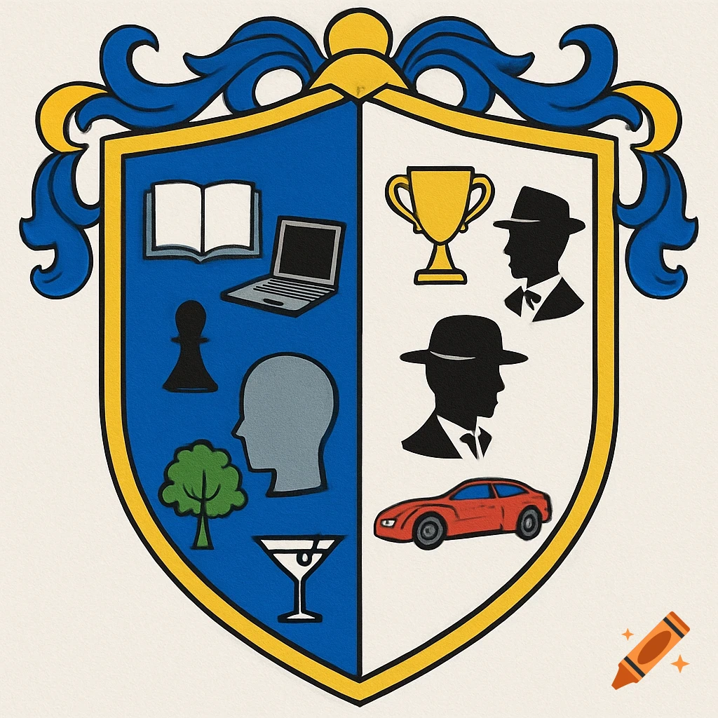Illustration of a coat of arms shield with symbols: book, laptop, chess, head, tree, drink on left; trophy, two men, car on right.