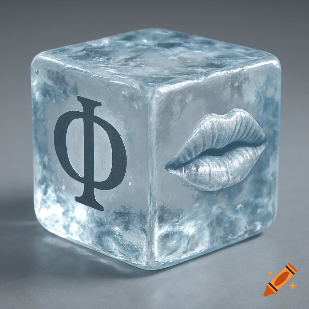 A 3D render of an ice cube with a Greek letter Phi and lips.