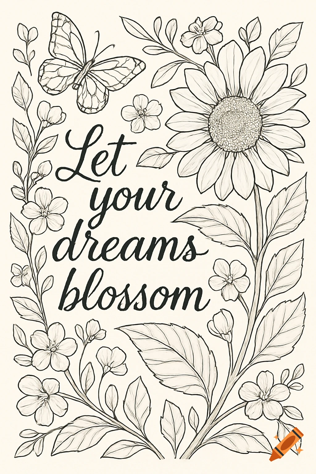 Black and white line art coloring page with flowers, leaves, a butterfly, and the quote 'Let your dreams blossom'.