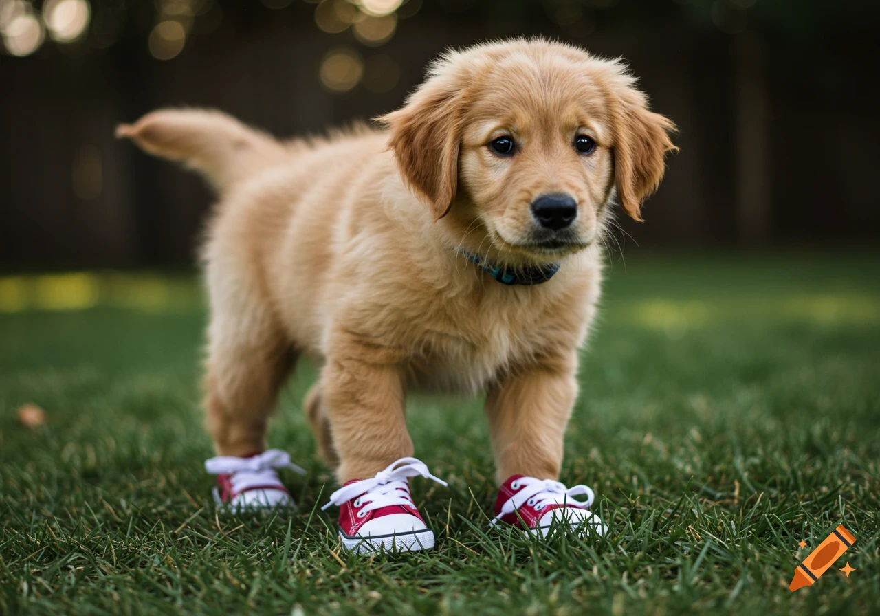 A golden retriever puppy stands on grass wearing red and white shoes