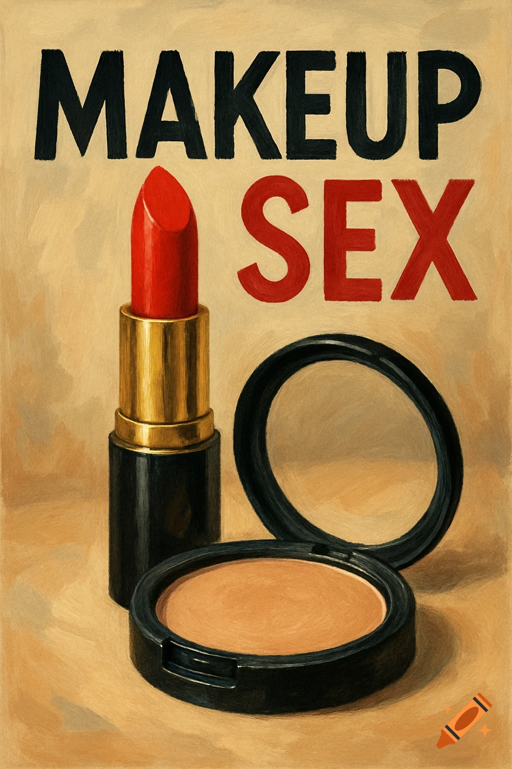 Painting of a lipstick and a makeup compact with the words MAKEUP SEX above them.