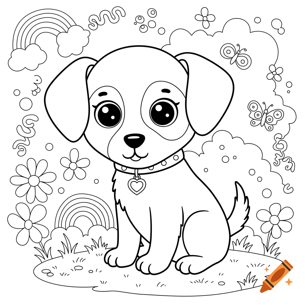 Cute puppy coloring page with rainbows and flowers