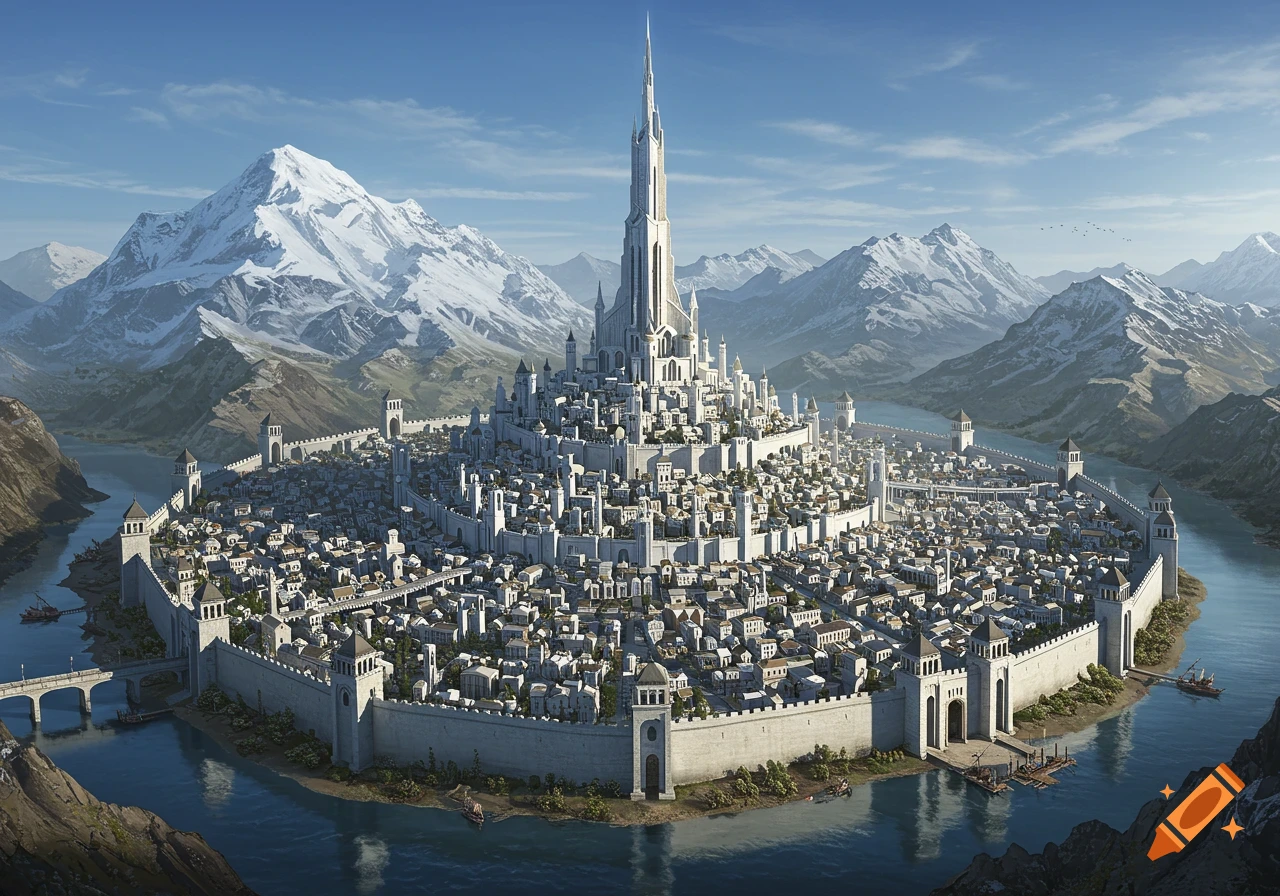 Photorealistic fantasy city with a tall spire, surrounded by walls on a ...