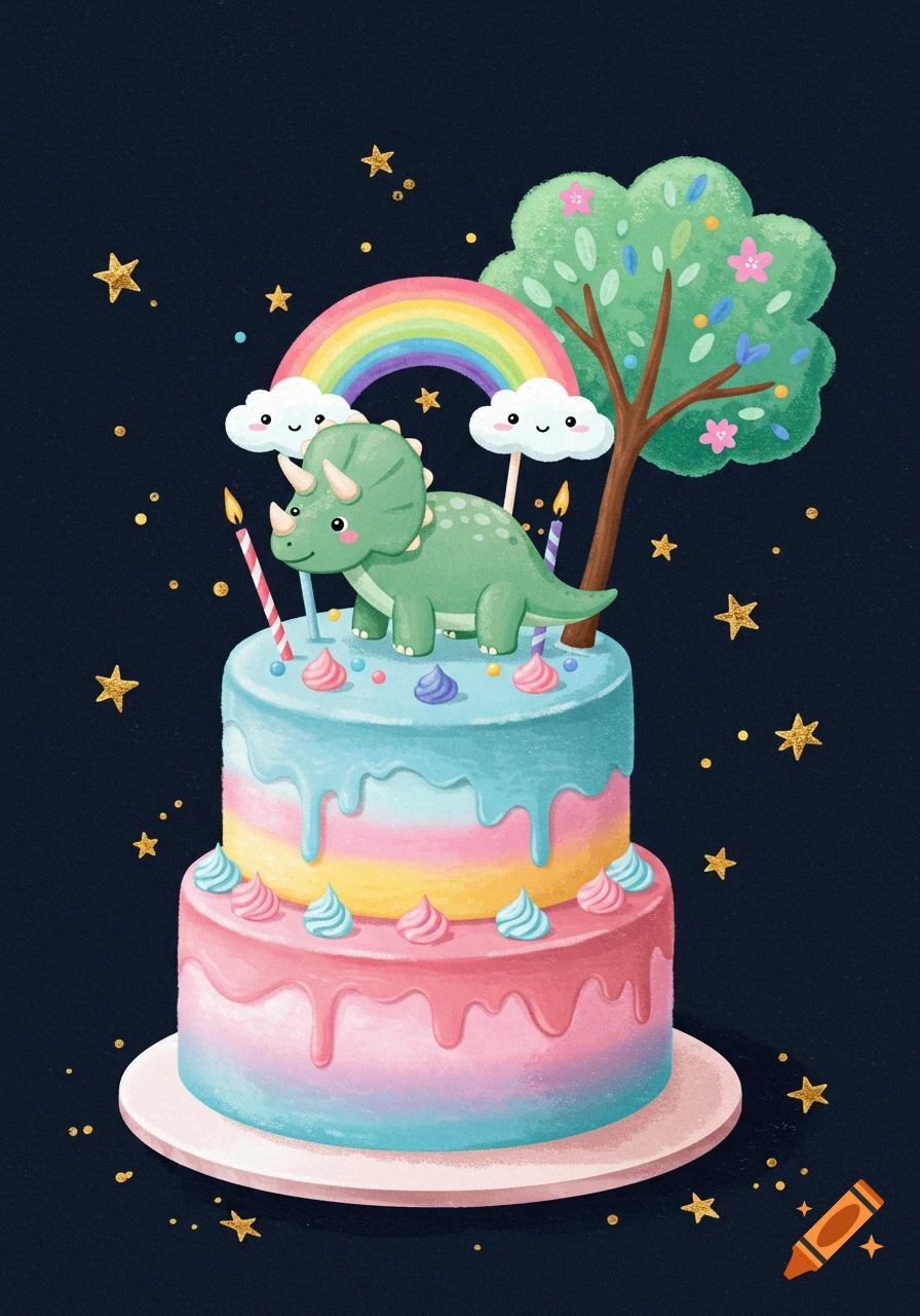 A two-tiered birthday cake decorated with a green dinosaur, rainbow, tree, and stars on a dark background in a watercolor style.