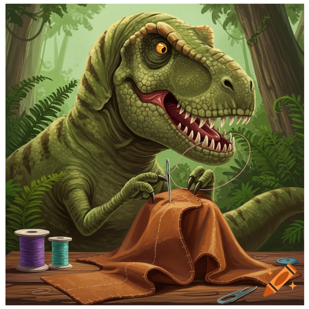 Cartoon illustration of a T-Rex sewing fabric with needle and thread in a jungle.
