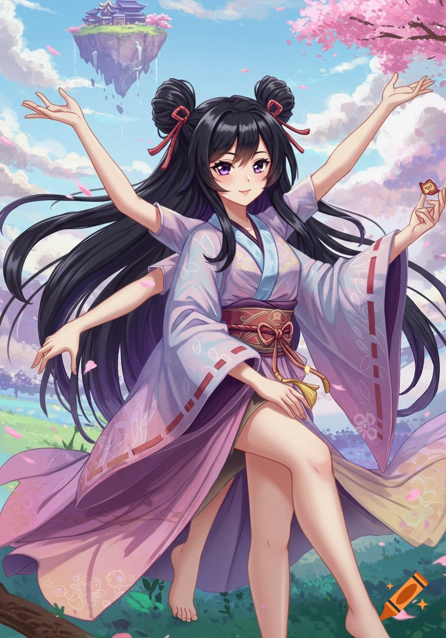 Anime girl with four arms wearing a kimono, standing in a landscape with cherry blossoms and a floating island.
