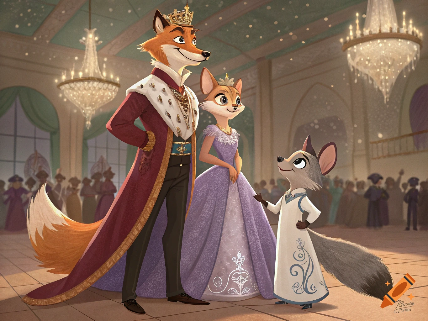Anthropomorphic fox king, skunk queen, and their hybrid daughter attend a royal ball, featuring grand chandeliers and other guests.