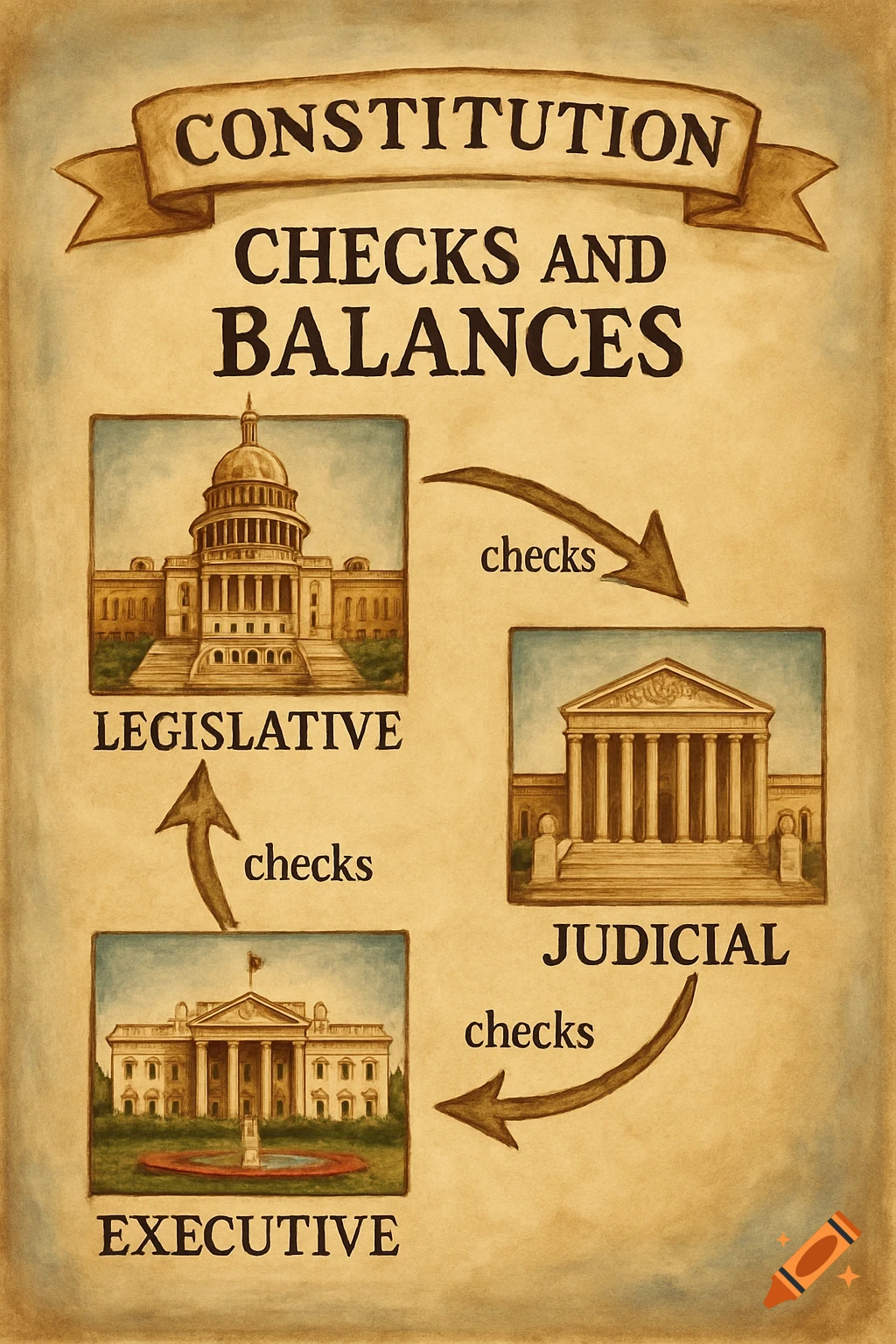Diagram illustrating the Constitution's checks and balances between the Legislative, Judicial, and Executive branches.