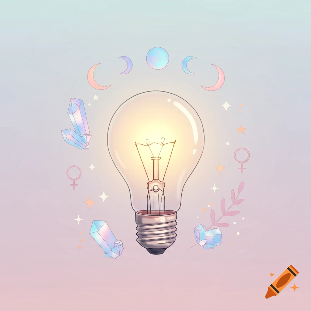 Illustration of a lightbulb surrounded by crystals, moon phases, stars, and Venus symbols in a soft, whimsical style.