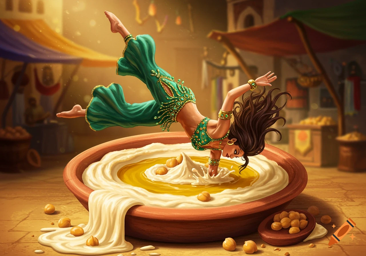 A Middle Eastern belly dancer does a flip into a giant bowl of hummus in a marketplace scene. Illustration style.