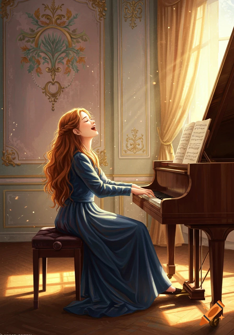 Illustrative portrait of a girl playing piano and singing in a sunny room.