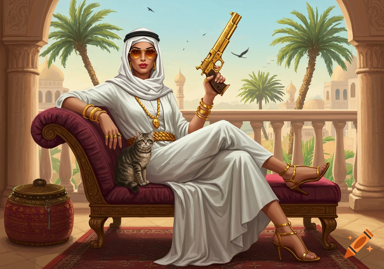Woman in white Arabic dress and hijab, wearing sunglasses, holding a gold gun, sitting on a lounge with a cat on a palace balcony overlooking palm trees.