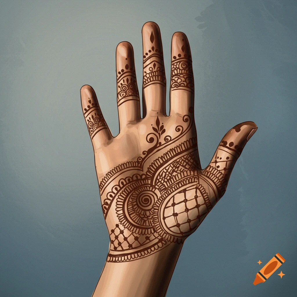 A hand decorated with intricate brown mehndi (henna) designs against a blue background.