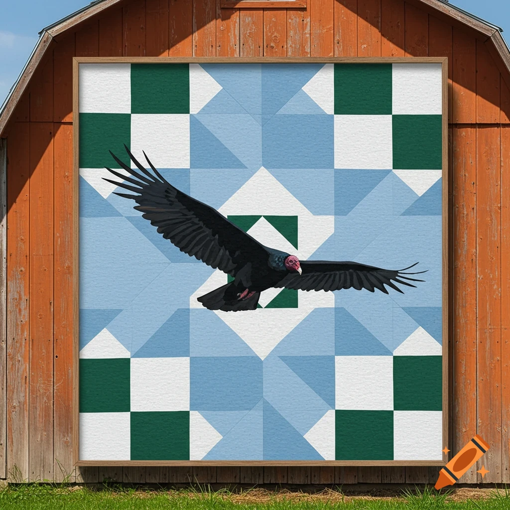 A turkey vulture flies in front of a green, white, and blue barn quilt.