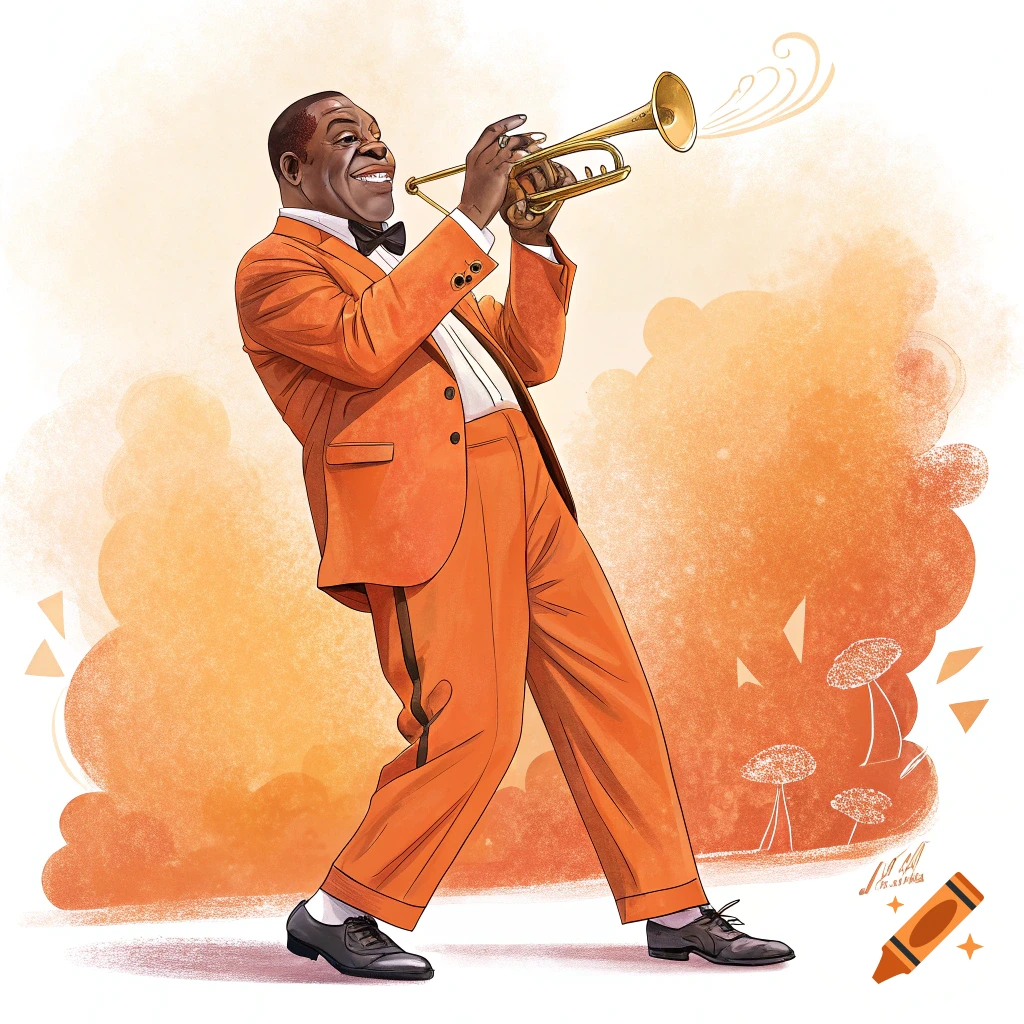 Illustration of Louis Armstrong playing trumpet in an orange suit.