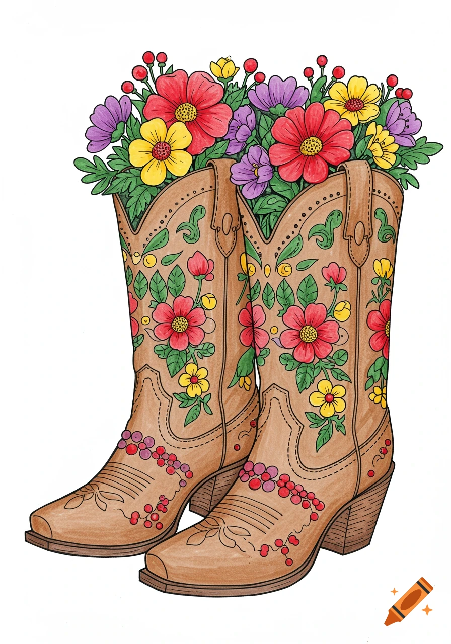 Coloring page of cowboy boots filled with colorful flowers
