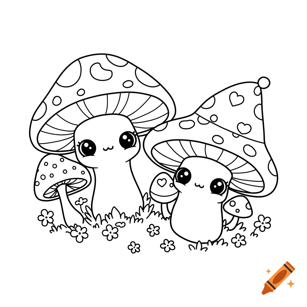 Kawaii mushrooms and flowers line drawing for coloring.