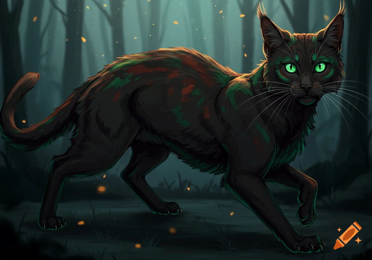 A black cat with bright green eyes in a dark forest with glowing ...