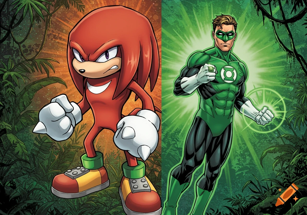 Knuckles and Green Lantern in a jungle, comic book style illustration.