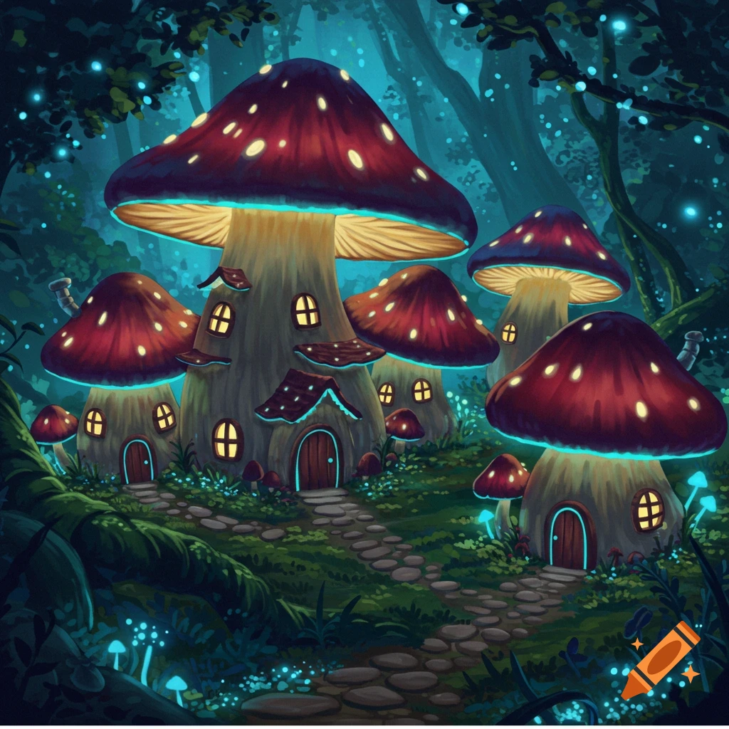 A fantasy illustration of a glowing mushroom village in a dark forest.