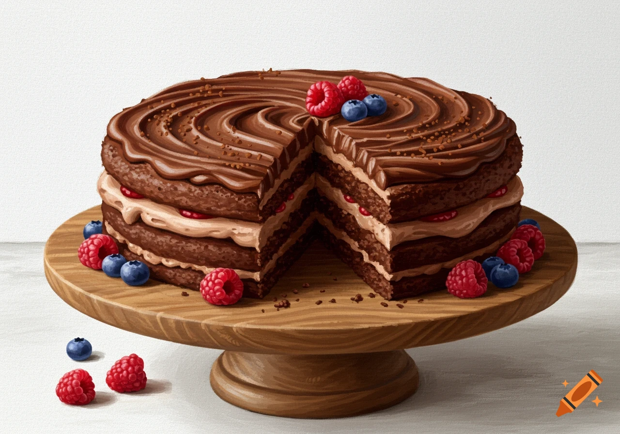 Chocolate cake with layers of cream and berries on a wooden cake stand, painted style.