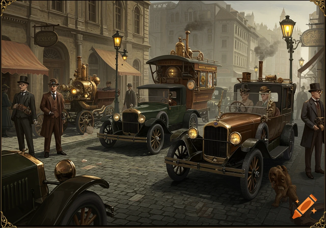 Steampunk vehicles and people on a cobblestone street in a 1920s-style city, illustration.