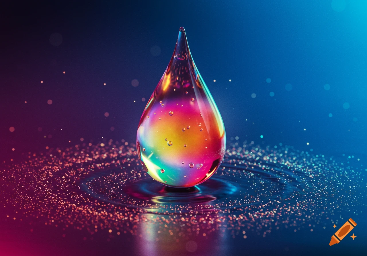 A colorful drop of liquid splashing into water with ripples and sparkling effects.