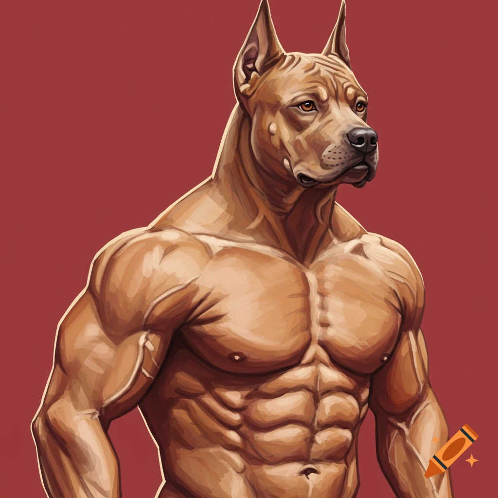Illustration of a muscular dog torso and head against a red background