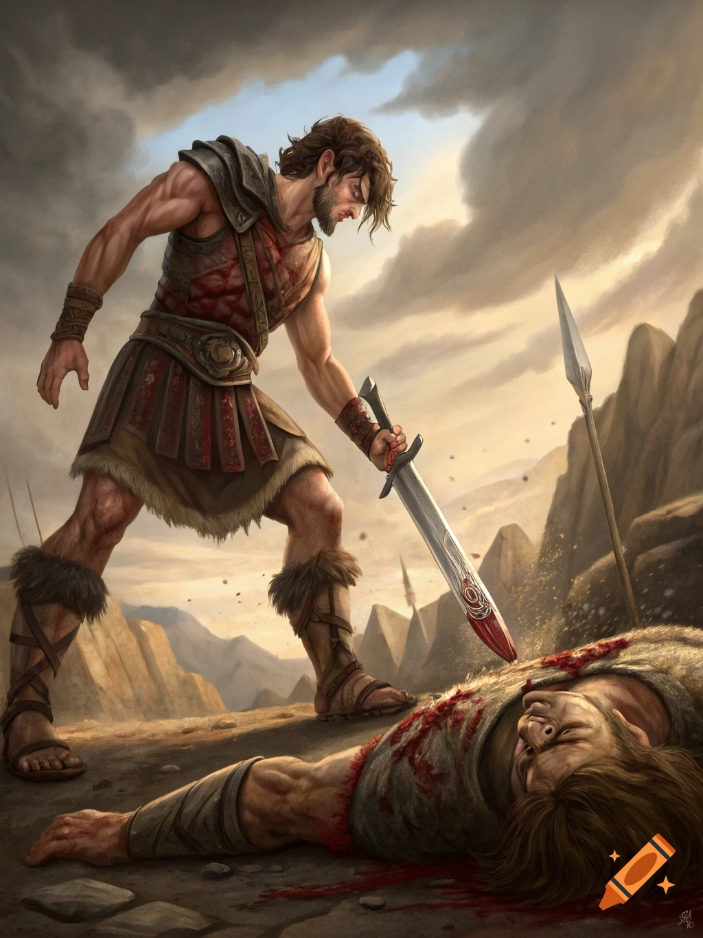 A warrior stands over a fallen giant, holding a bloody sword, in a desolate landscape.