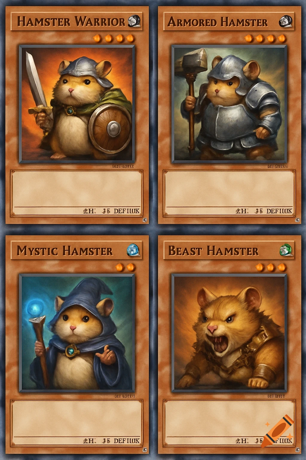 Four fantasy-themed trading cards featuring hamsters as different monster types.