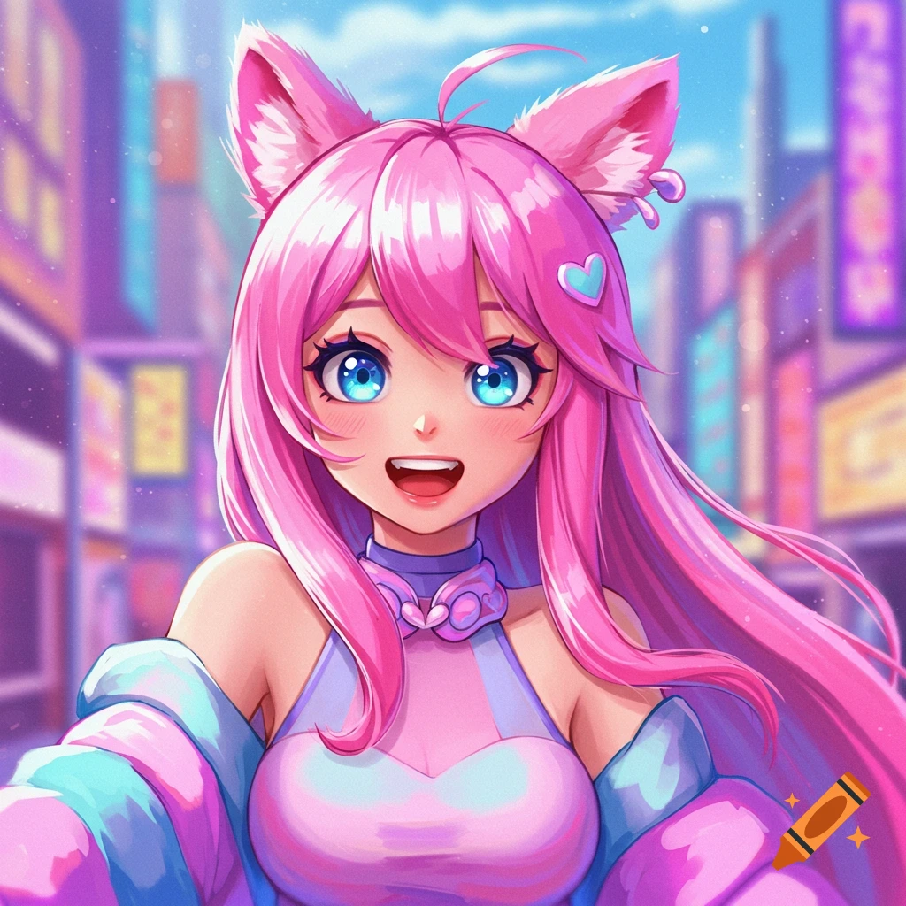 Anime girl with long pink hair, blue eyes, and cat ears smiling in front of a city street.