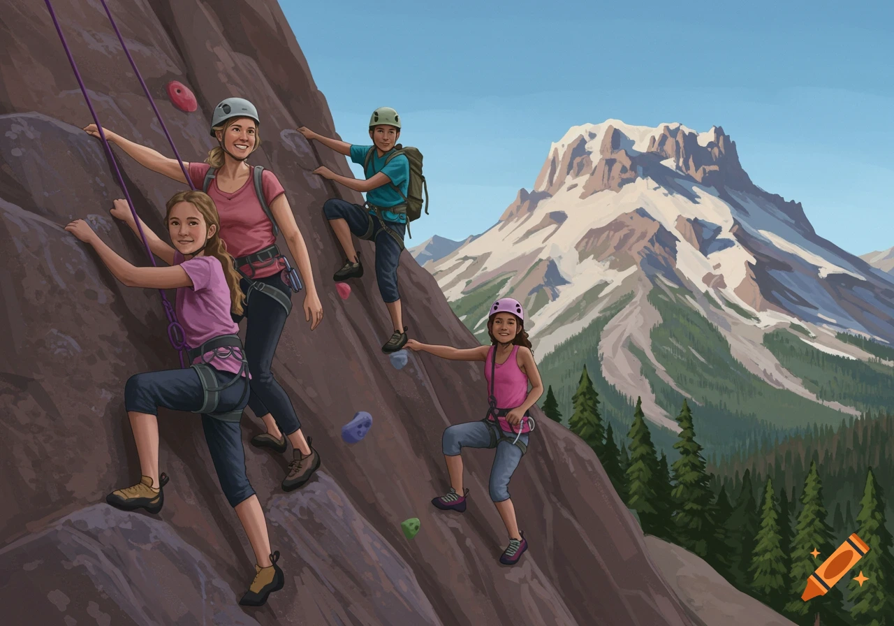 An illustration of a family of four rock climbing on a mountain face.