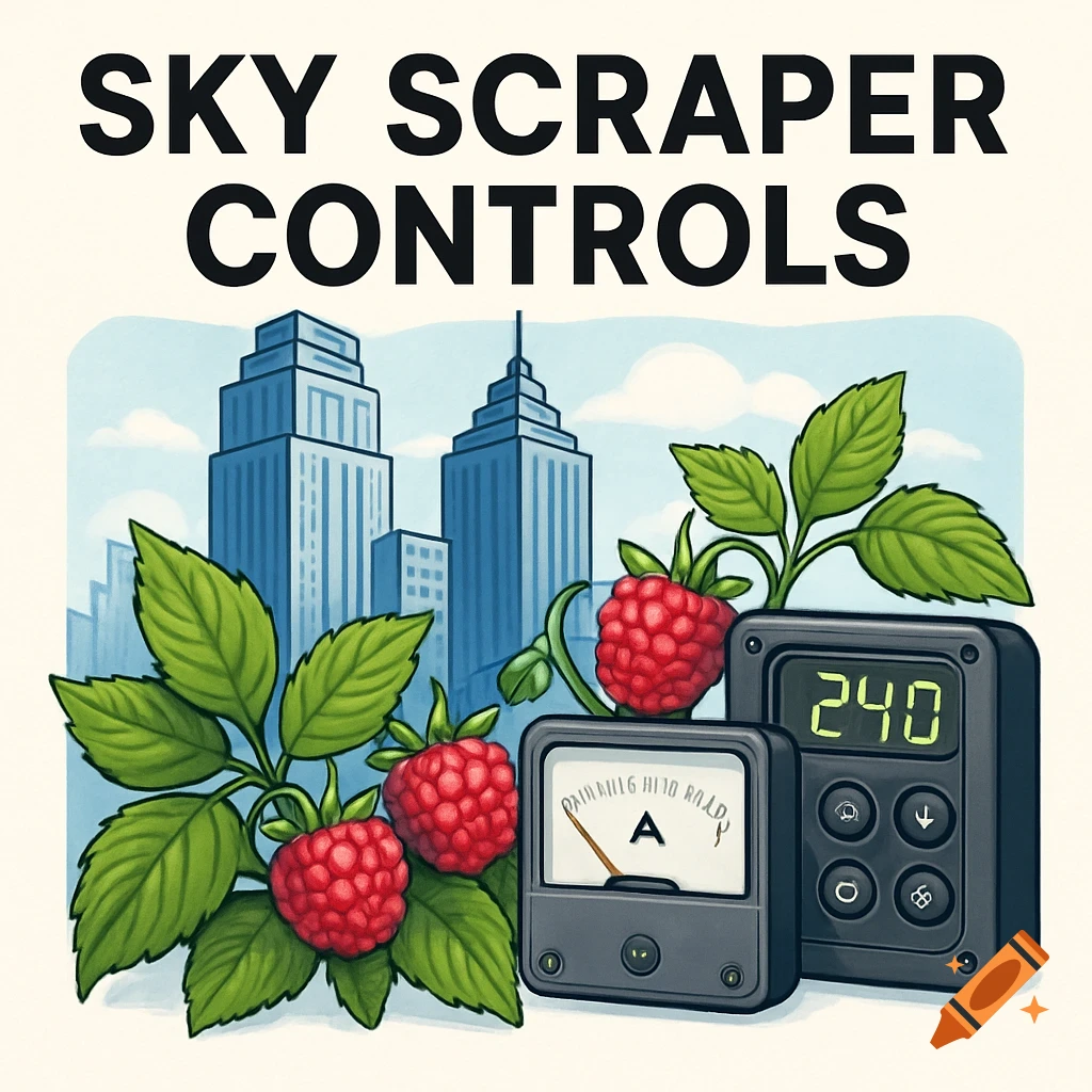 Illustration of skyscrapers, raspberry bushes, and electrical instruments with the text 'SKY SCRAPER CONTROLS'.