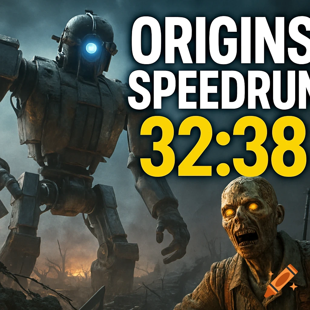 Robot and zombie in a battlefield with text "ORIGINS SPEEDRUN 32:38".