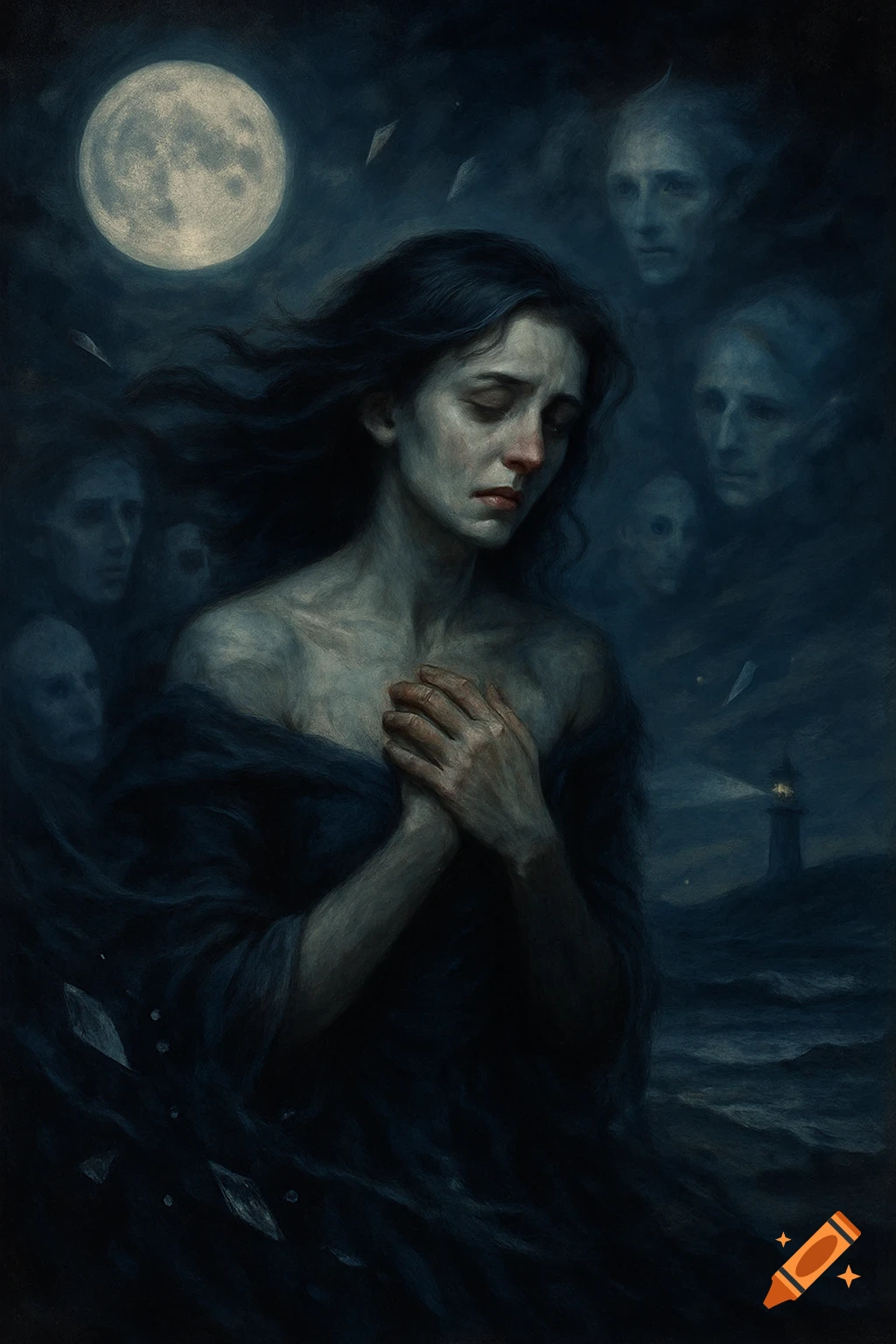 A dark painting of a mournful woman with hands clasped, surrounded by ghostly figures under a full moon, with a lighthouse in the distance.