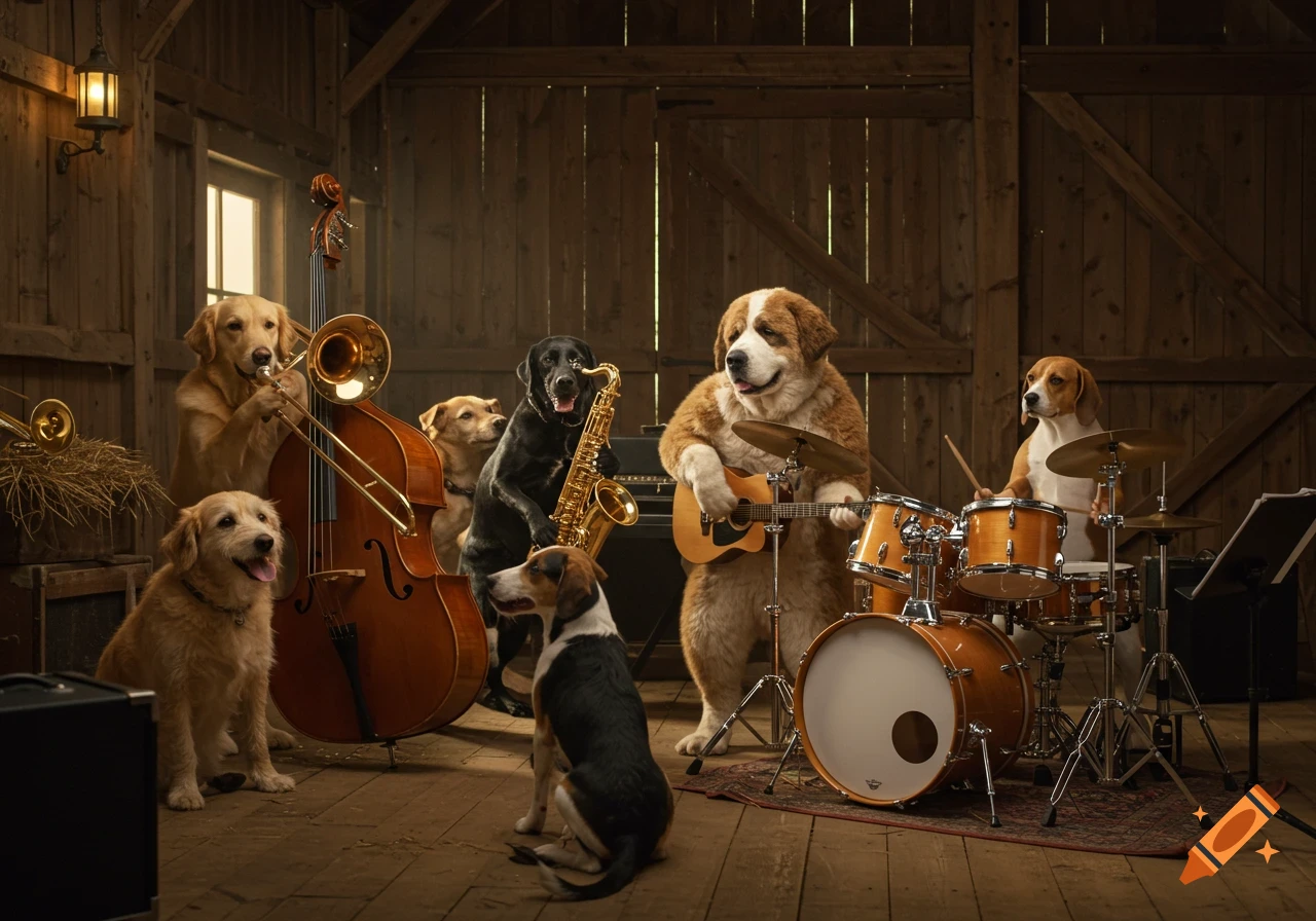 Photorealistic image of various dogs playing jazz instruments in a barn ...